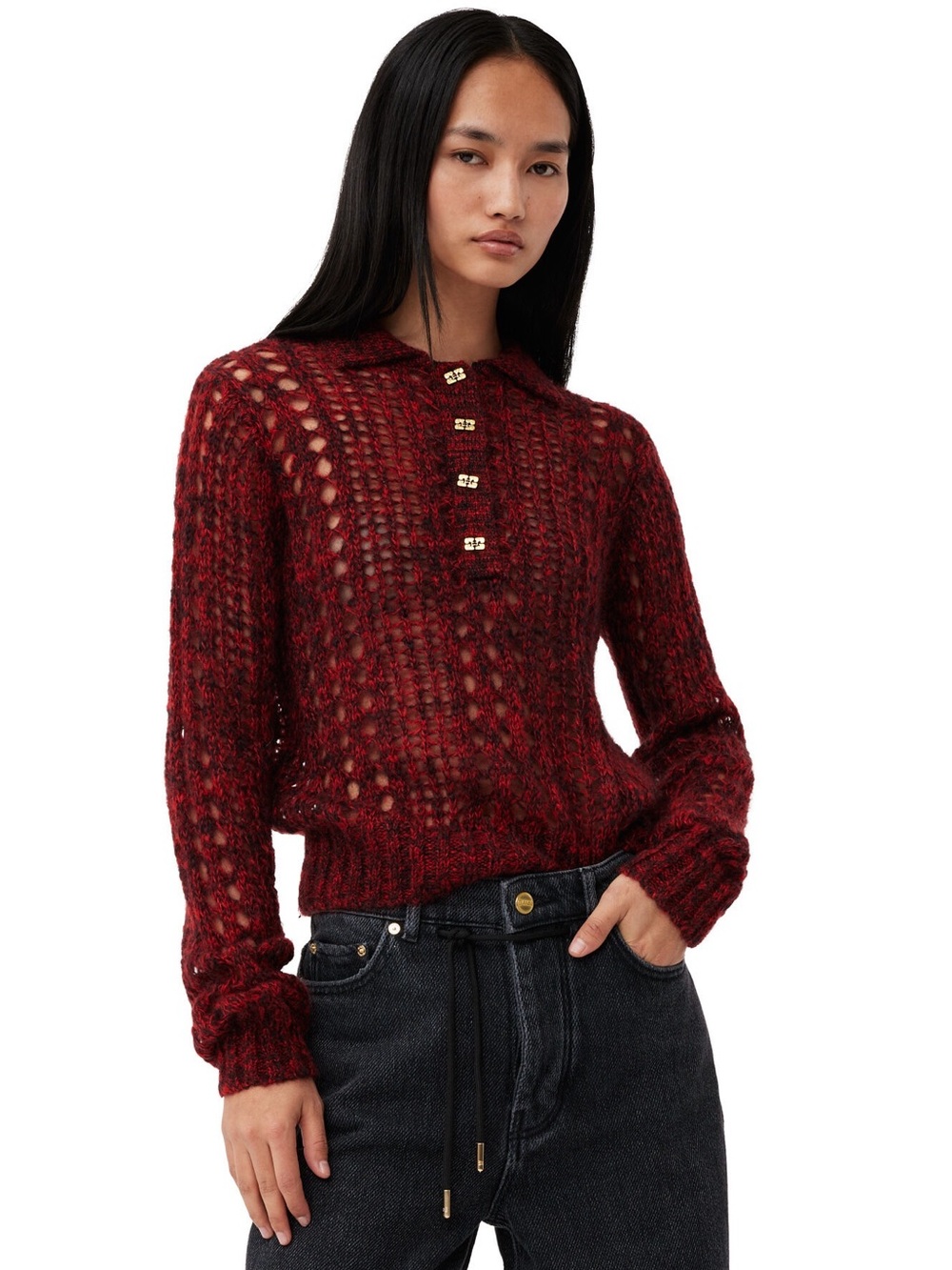 GANNI Red Mohair Lace Polo Sweater
